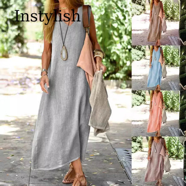 Sleeveless V-Neck Ankle Dress