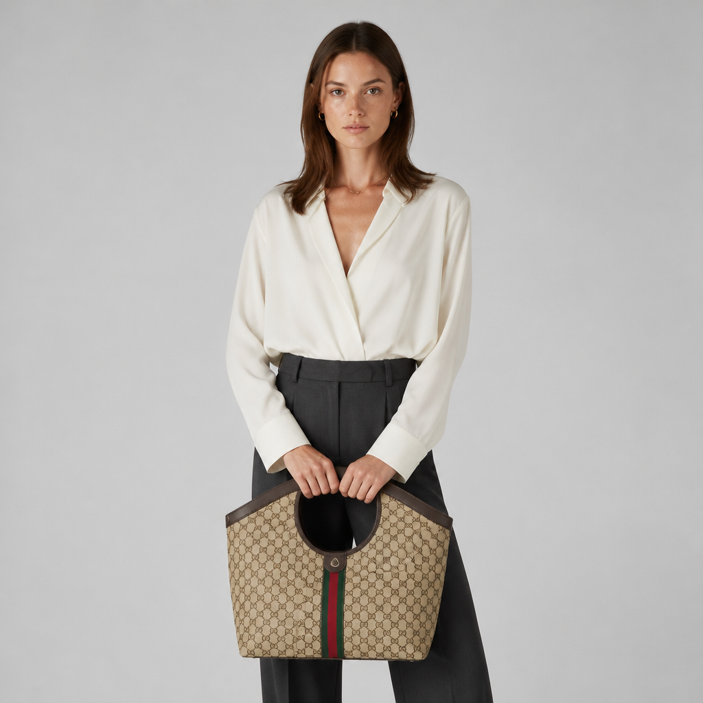 Geometric Checker Tote Bag — Beige/Black — model a studio