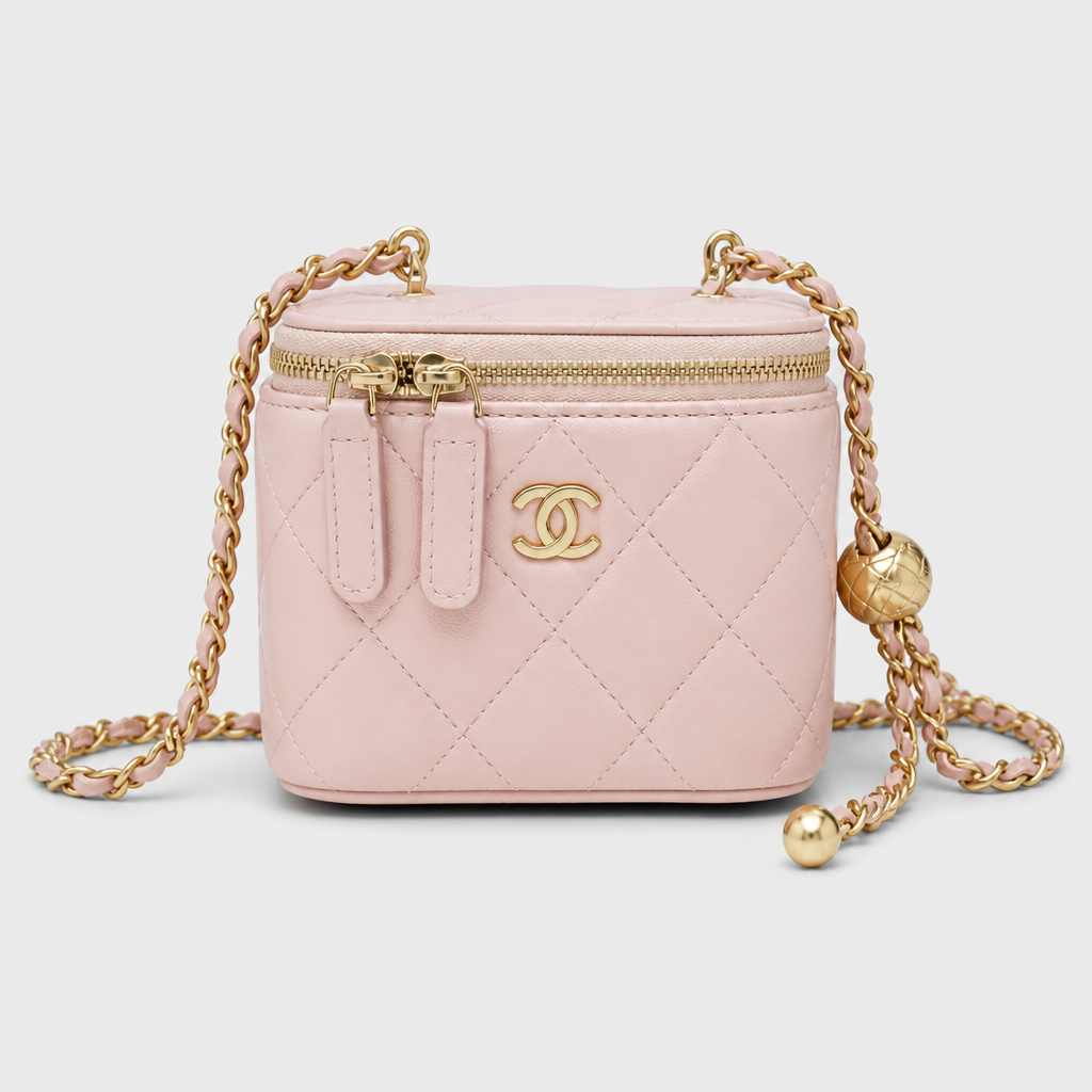Quilted Vanity Case Crossbody — front 02 — Pink 11 cm — Chain Strap Only