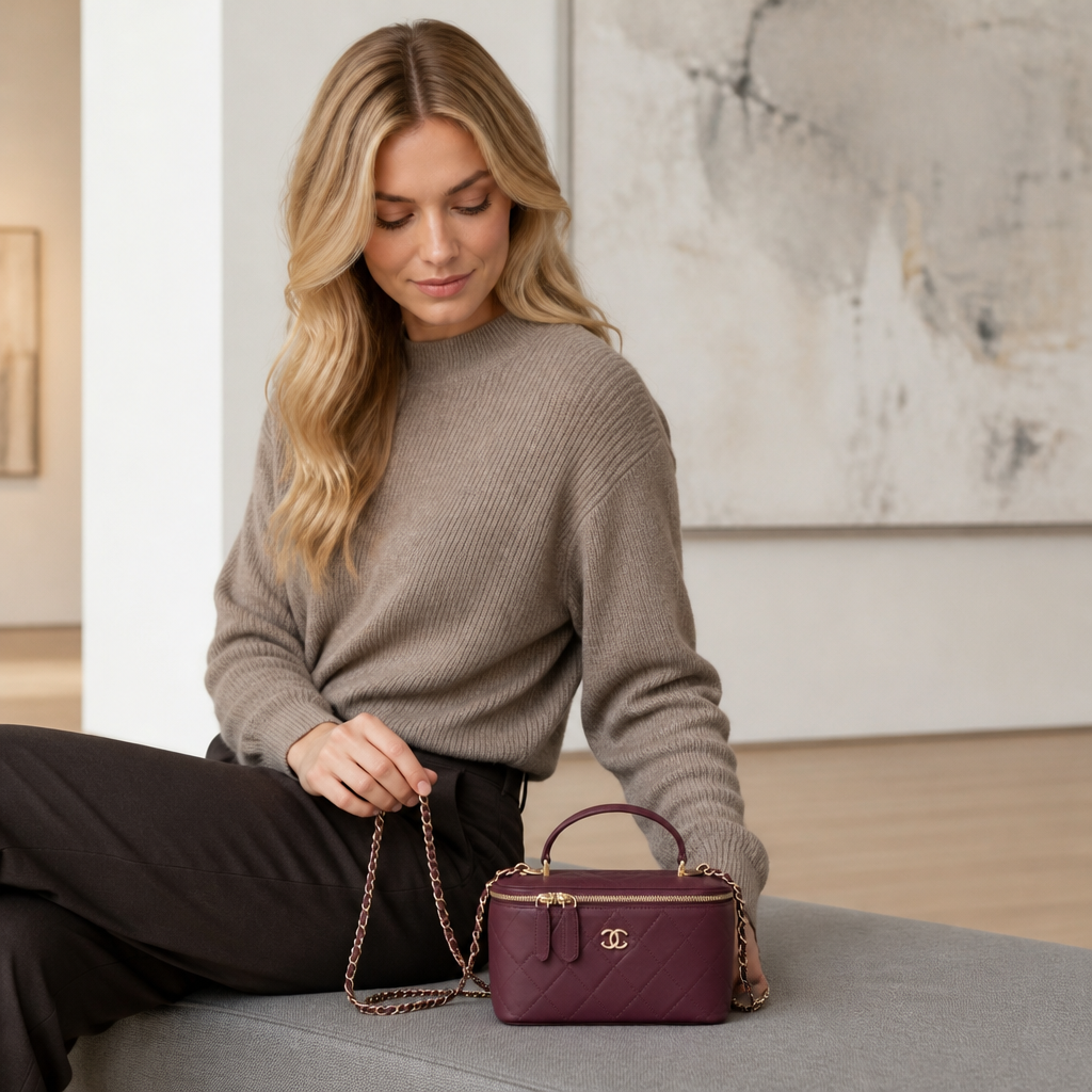 Quilted Vanity Case Crossbody — model a lifestyle — Burgundy 18 cm — Top Handle
