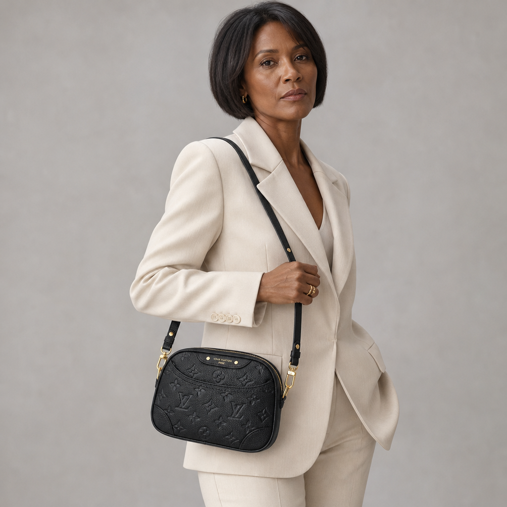 Embossed Monogram Top-Handle Crossbody — editorial carried