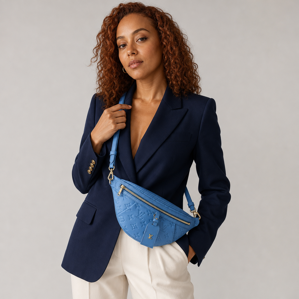 Embossed Monogram Belt Bag — editorial carried