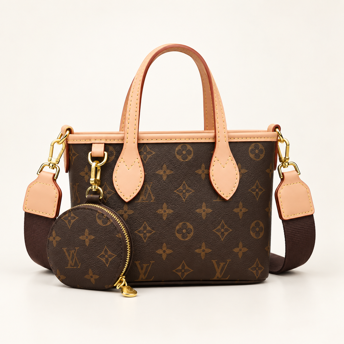 Brown/Peach monogram top-handle tote with coin pouch