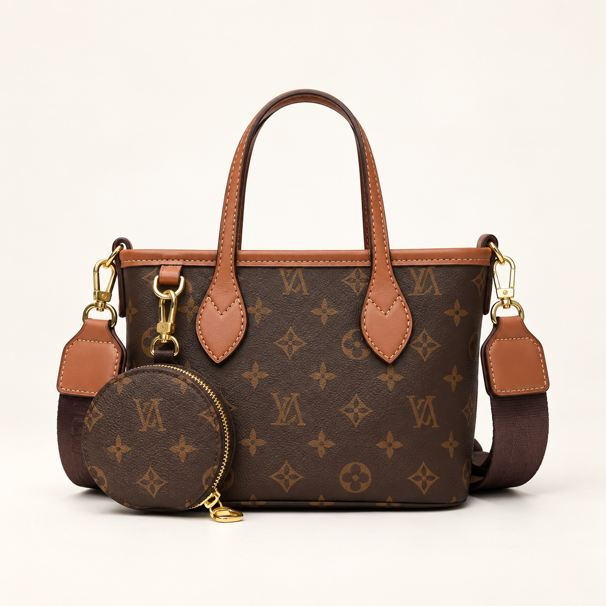 Brown/Tan monogram top-handle tote with coin pouch