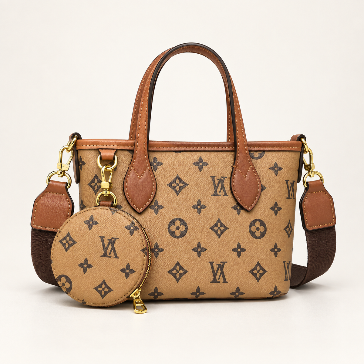 Tan/Brown monogram top-handle tote with coin pouch