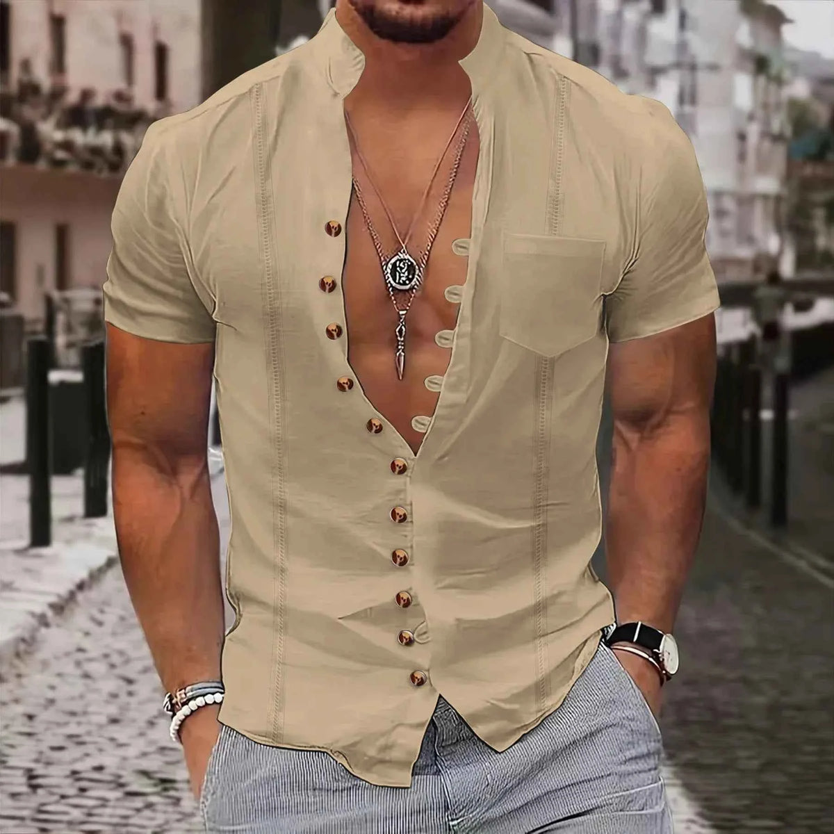 Stand Collar Short Sleeve Shirt