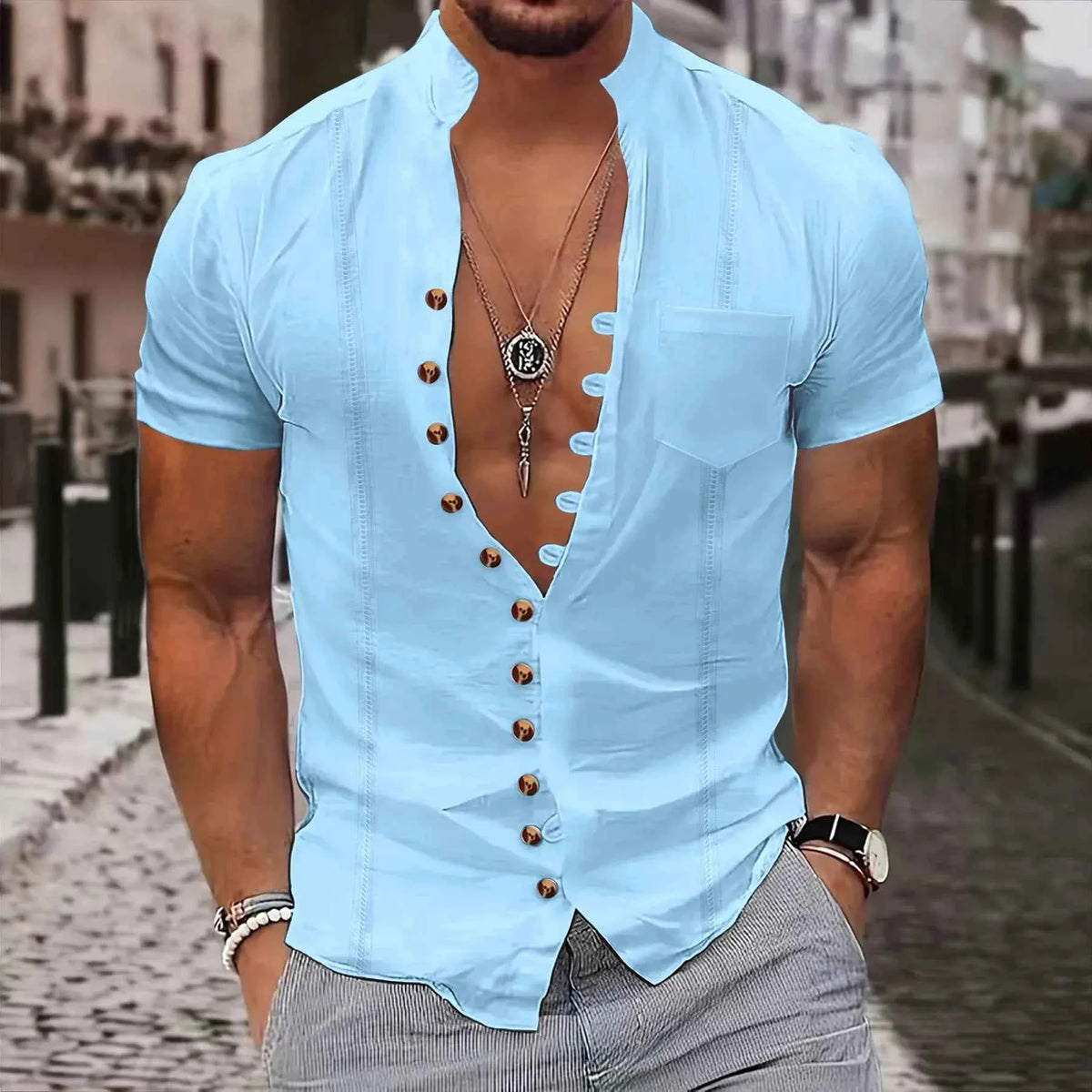 Stand Collar Short Sleeve Shirt