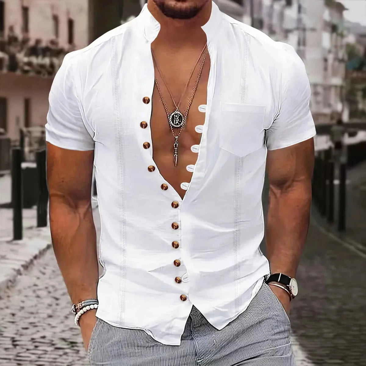 Stand Collar Short Sleeve Shirt
