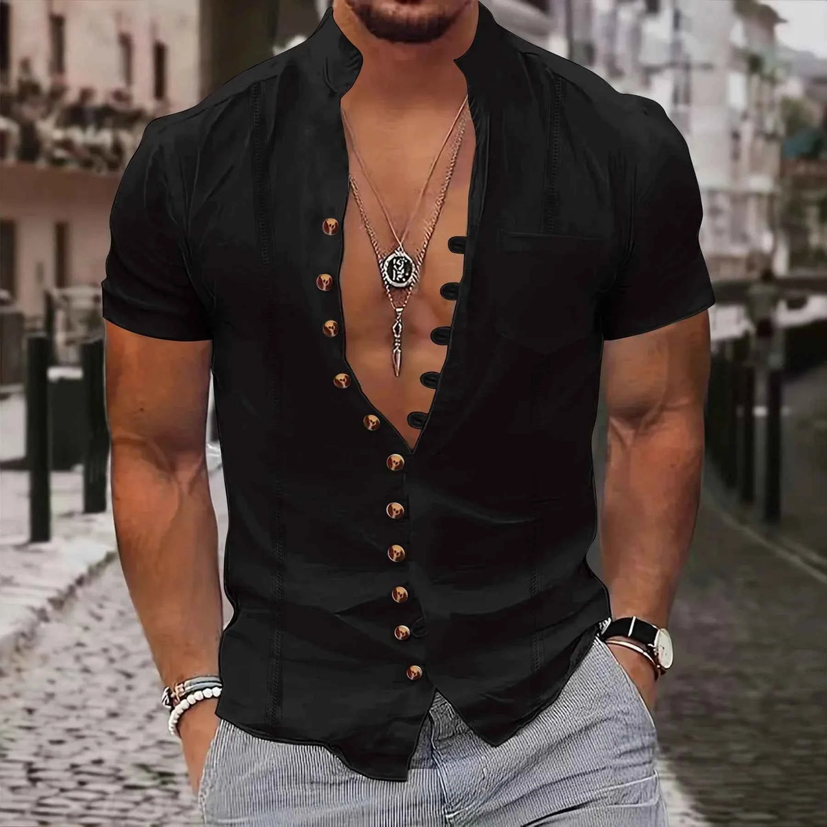 Stand Collar Short Sleeve Shirt