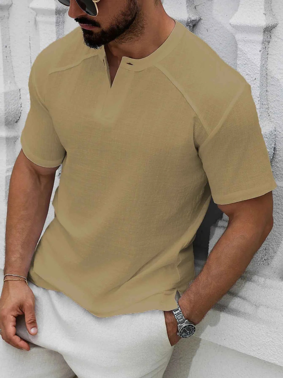 Linen Band Collar Shirt