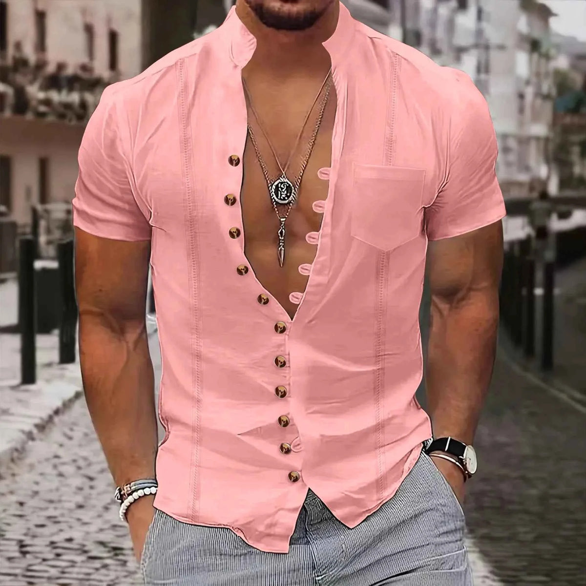 Stand Collar Short Sleeve Shirt