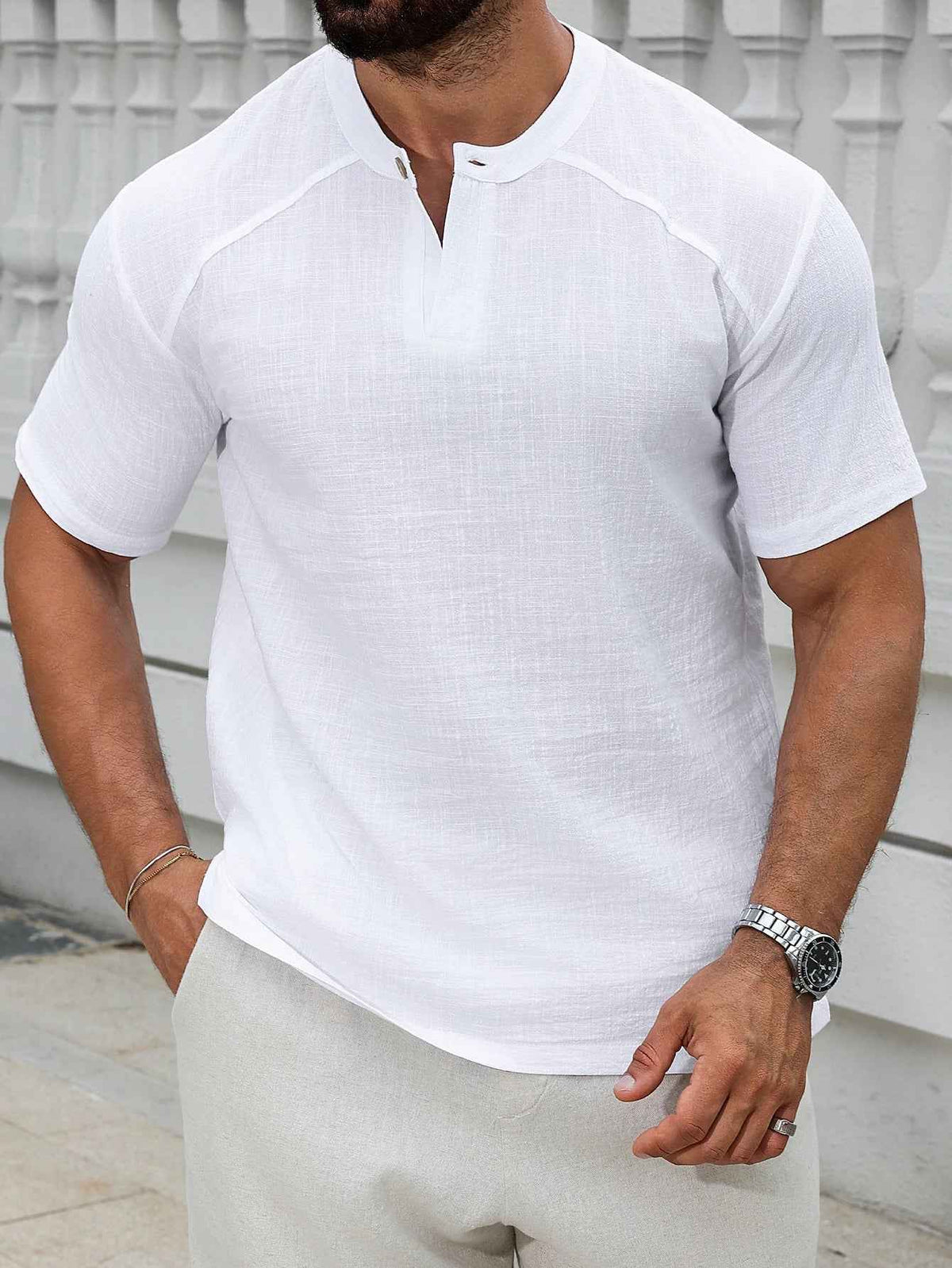 Linen Band Collar Shirt