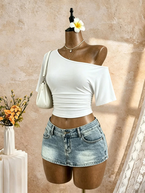 One-Shoulder Ruched Crop Top