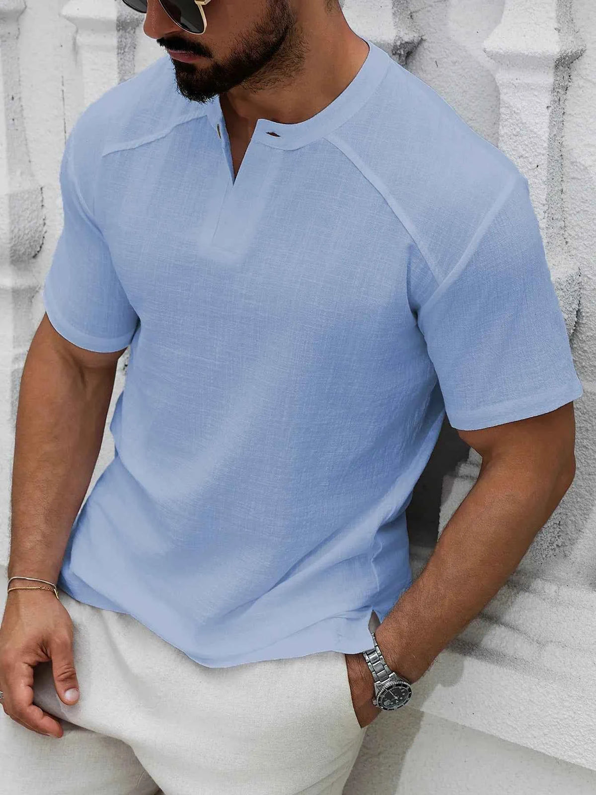 Linen Band Collar Shirt