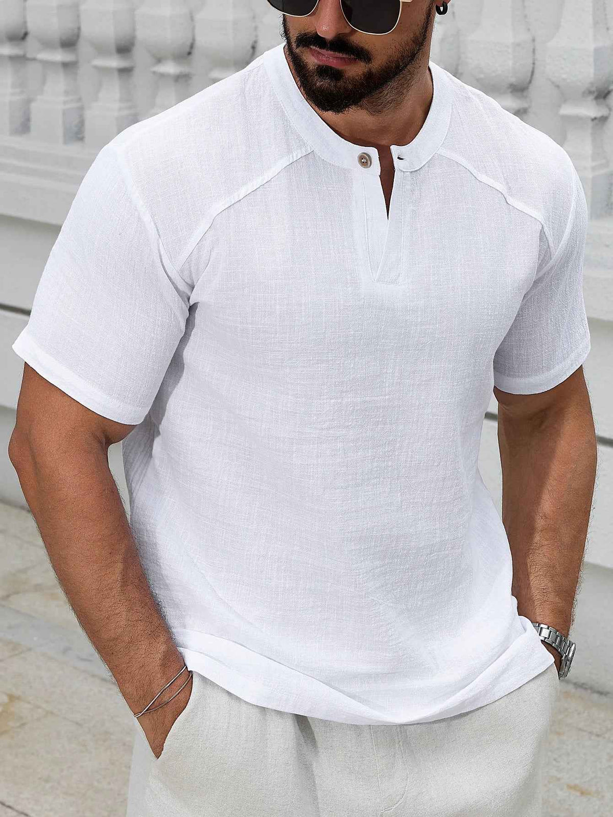 Linen Band Collar Shirt