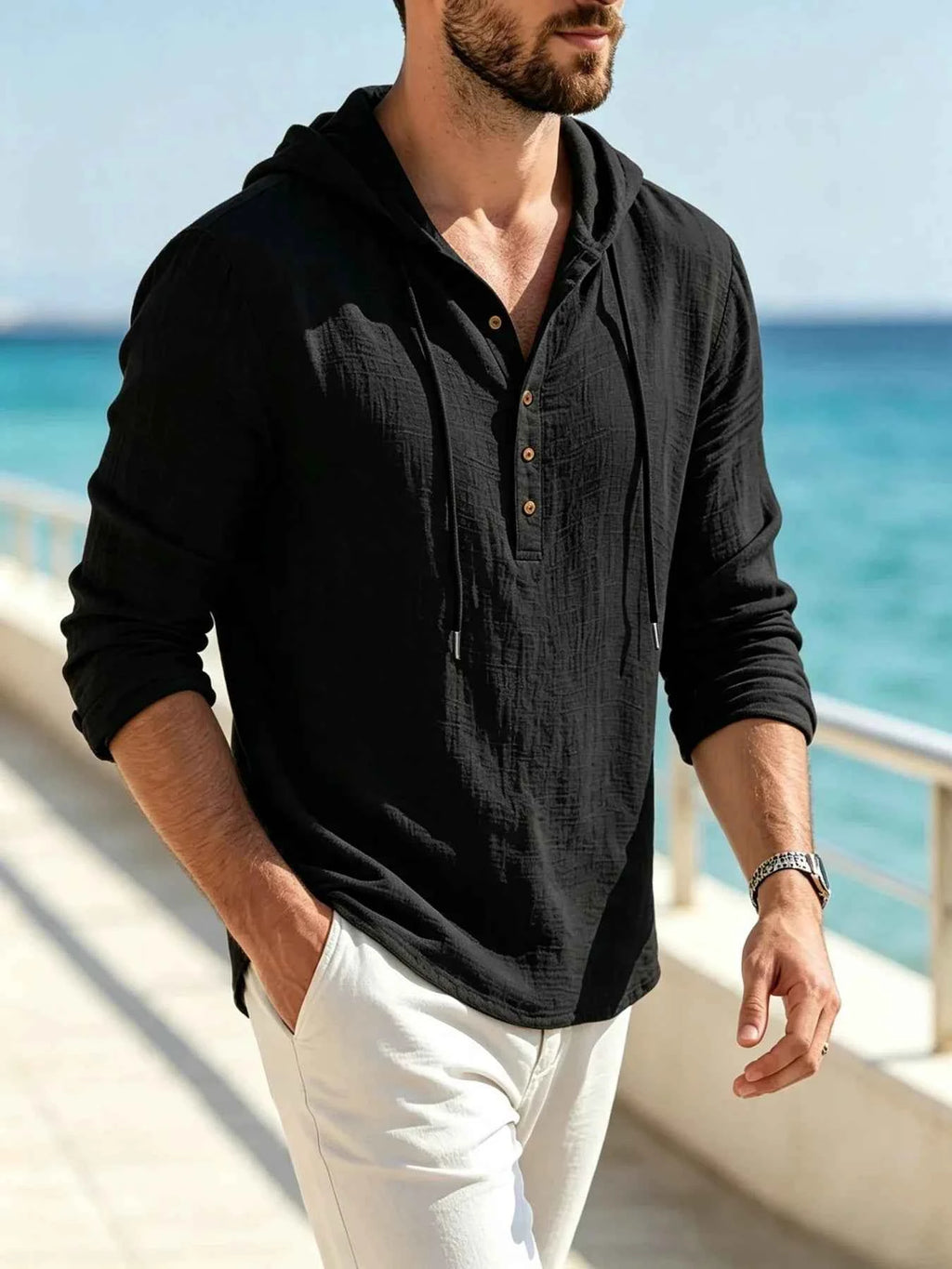 Men's Hooded Henley Pullover