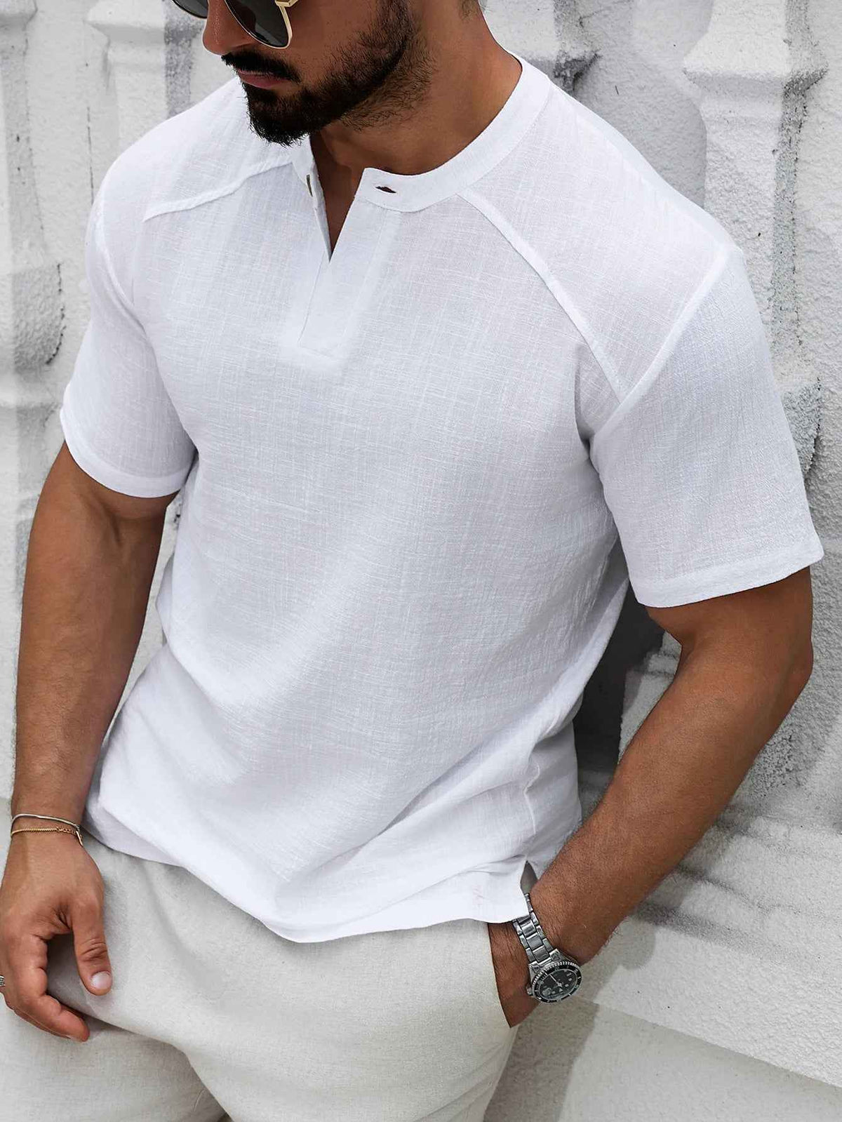 Linen Band Collar Shirt