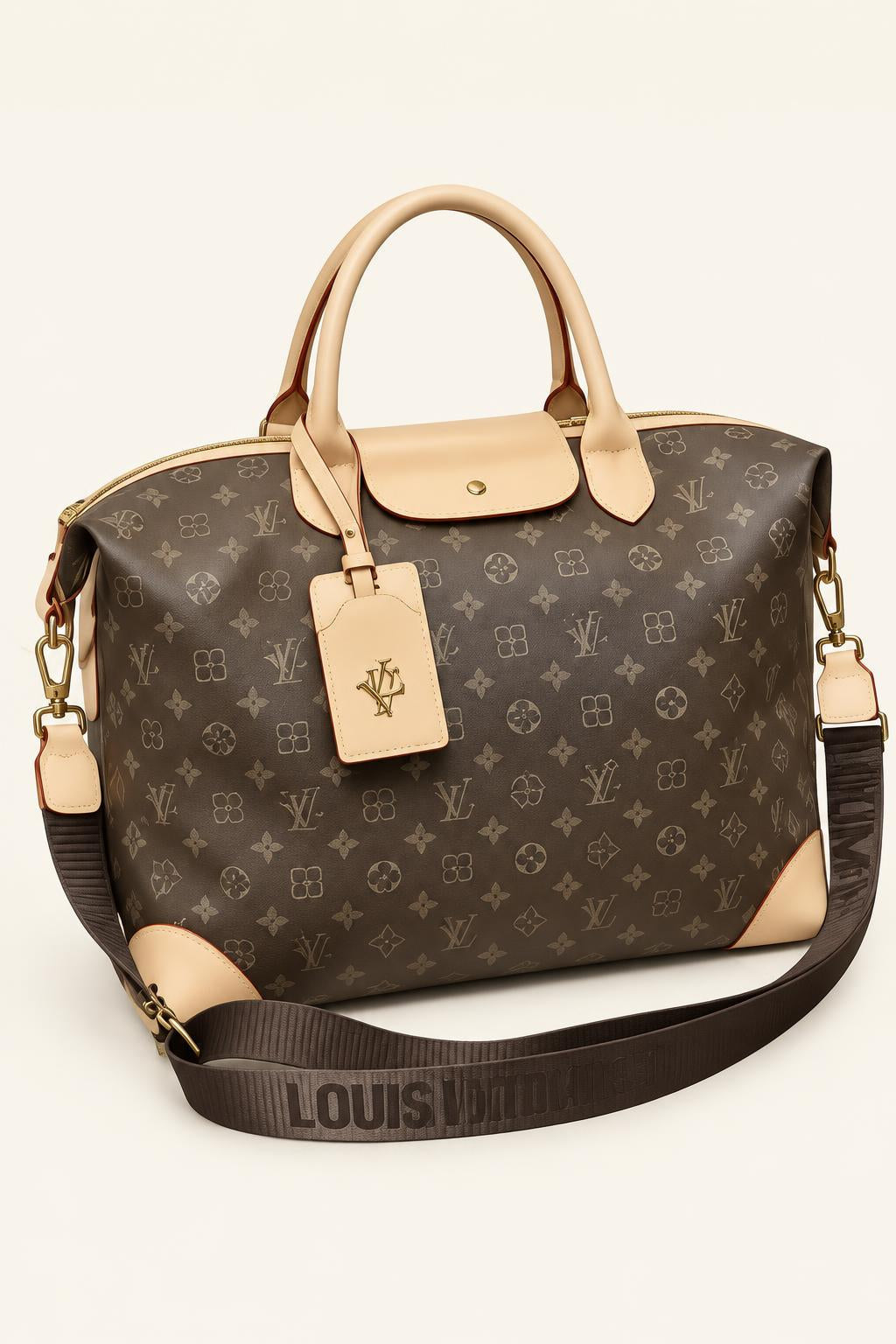 Structured Patterned Tote Bag with Adjustable Strap — Khaki