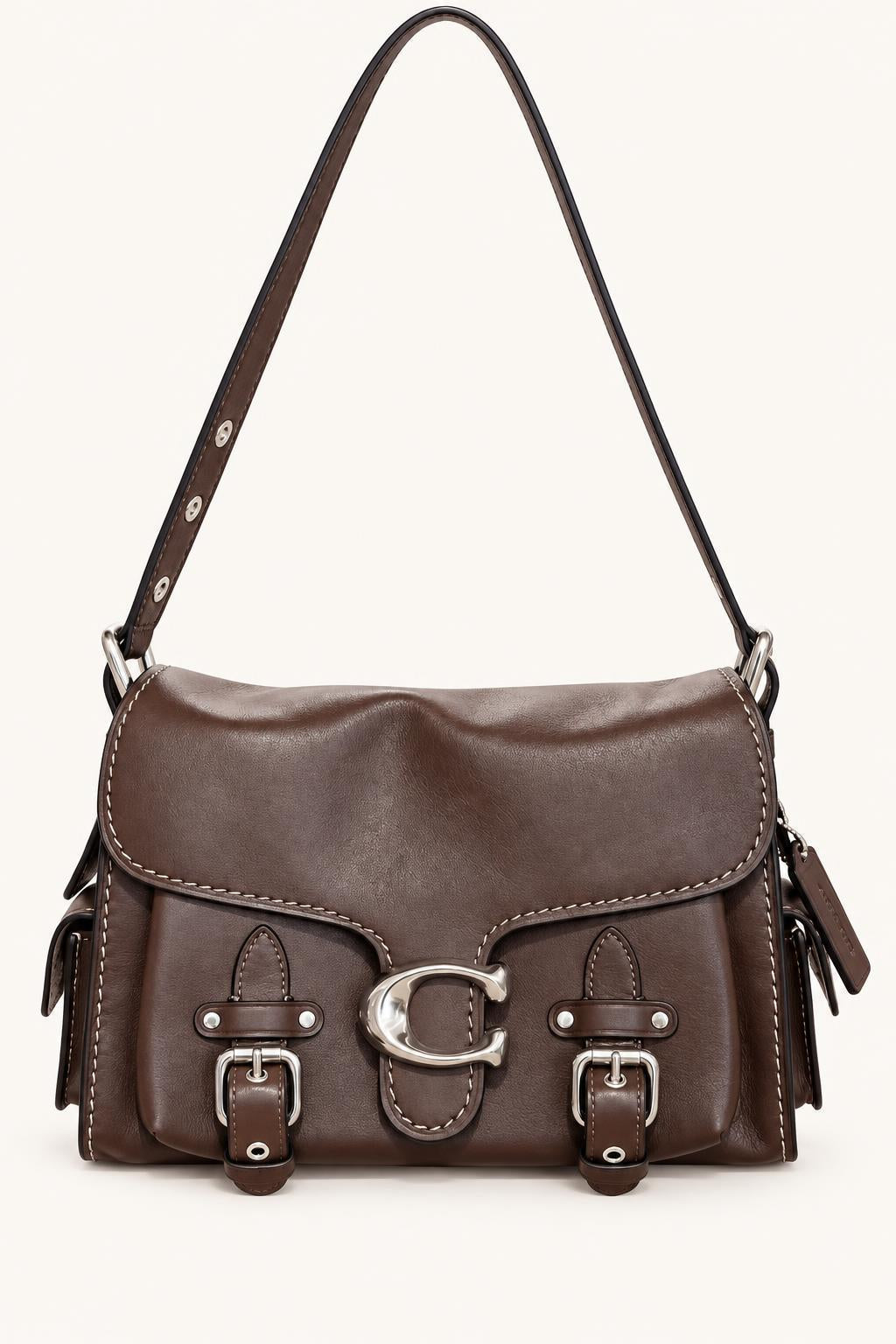 Textured Flap Shoulder Bag with Buckle Hardware — Motorcycle Bag Brown