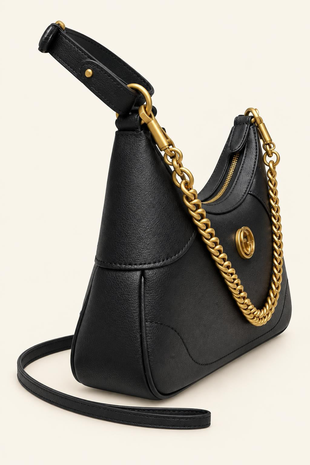 Crescent Leather Shoulder Bag with Gold-Tone Chain — Black