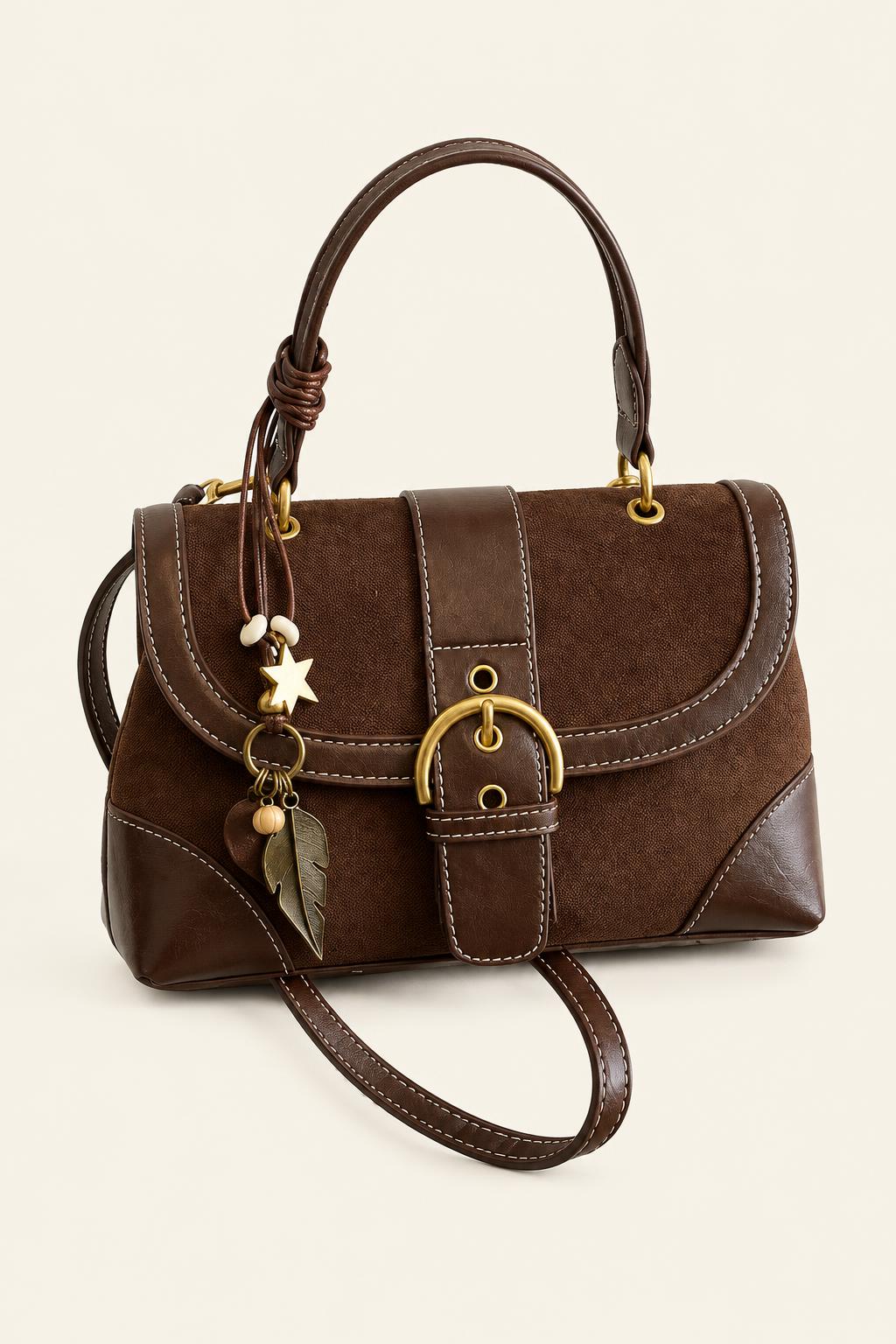 Color-Block Buckle Flap Satchel Bag — Coffee color No pendant