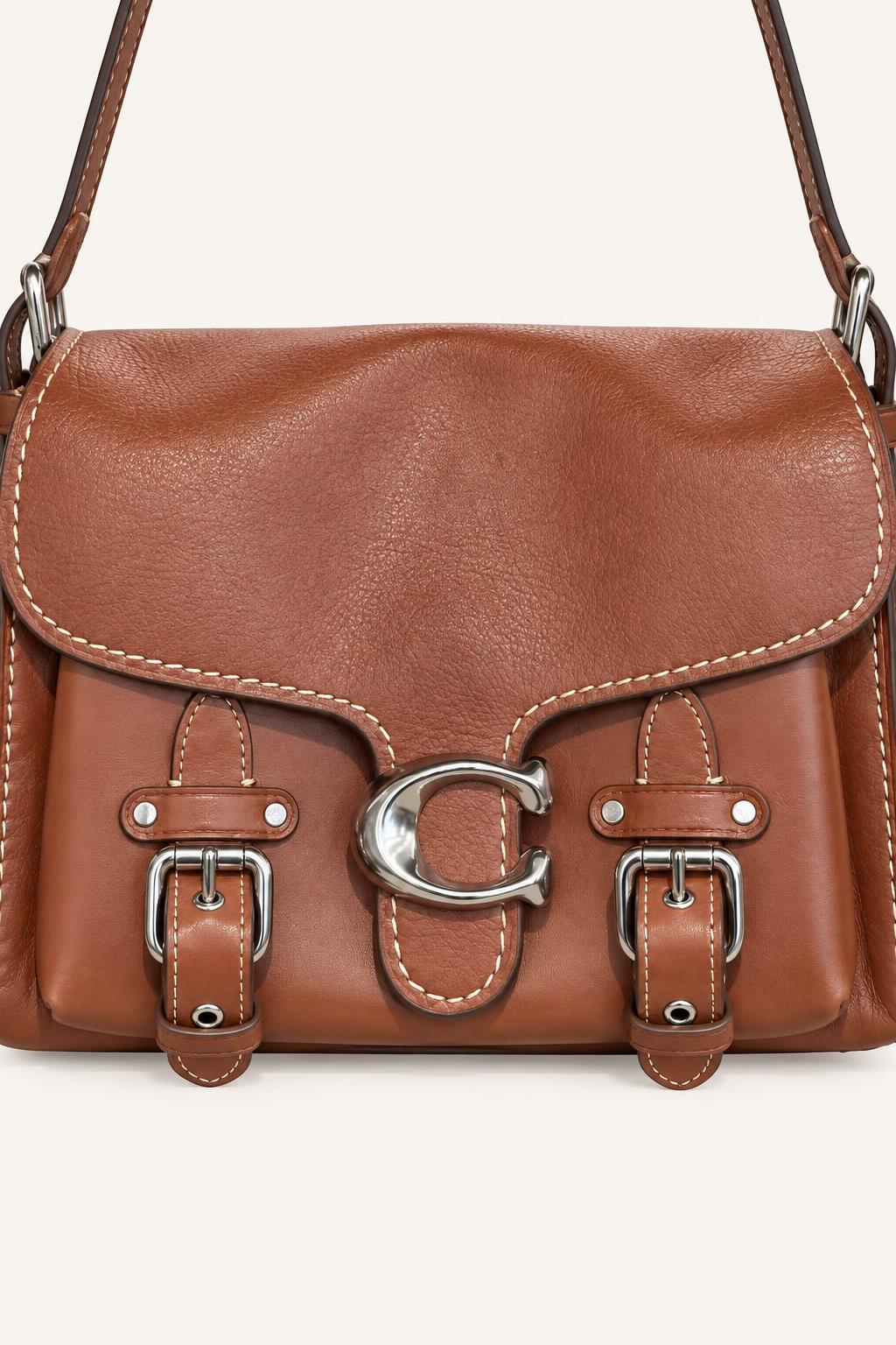 Textured Flap Shoulder Bag with Buckle Hardware — carrying view