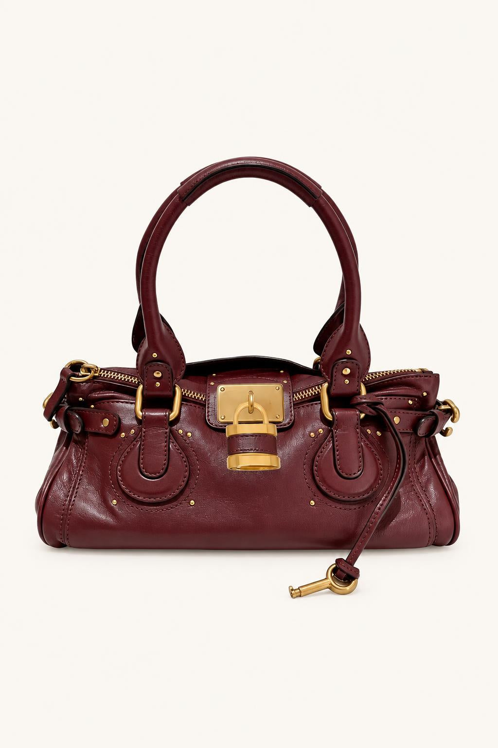 Retro Lock-Accent PU Shoulder Satchel — Wine Red L