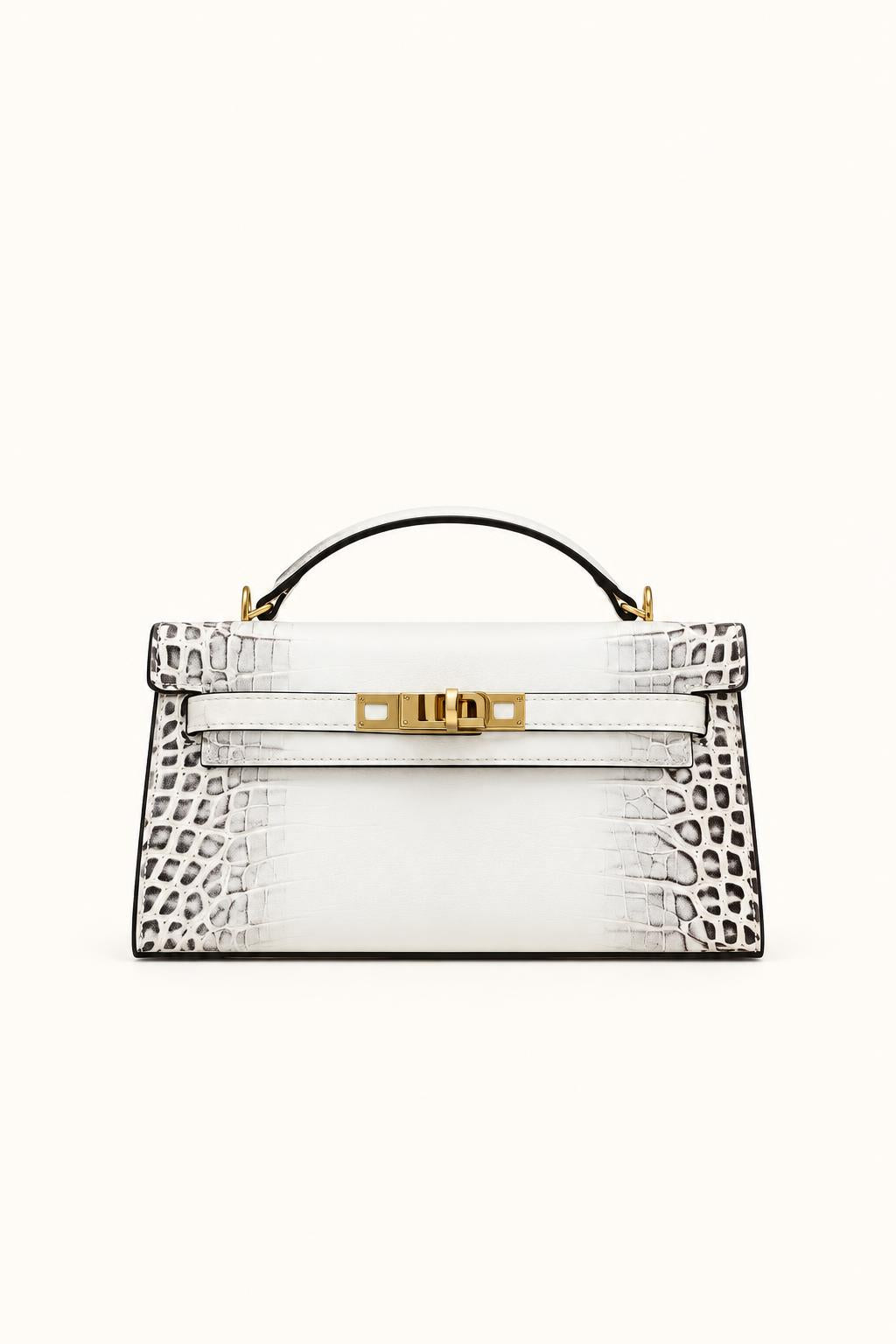 Narrow Structured Top-Handle Bags — Ivory Croc-Embossed