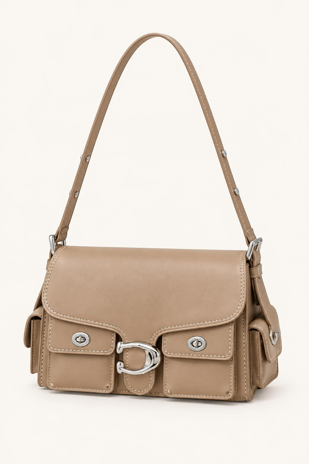 Textured Flap Shoulder Bag with Buckle Hardware — Motorcycle Bag Off-White