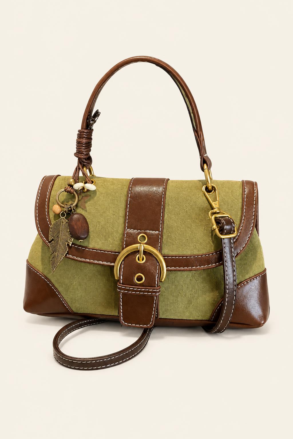 Color-Block Buckle Flap Satchel Bag — Green No pendant