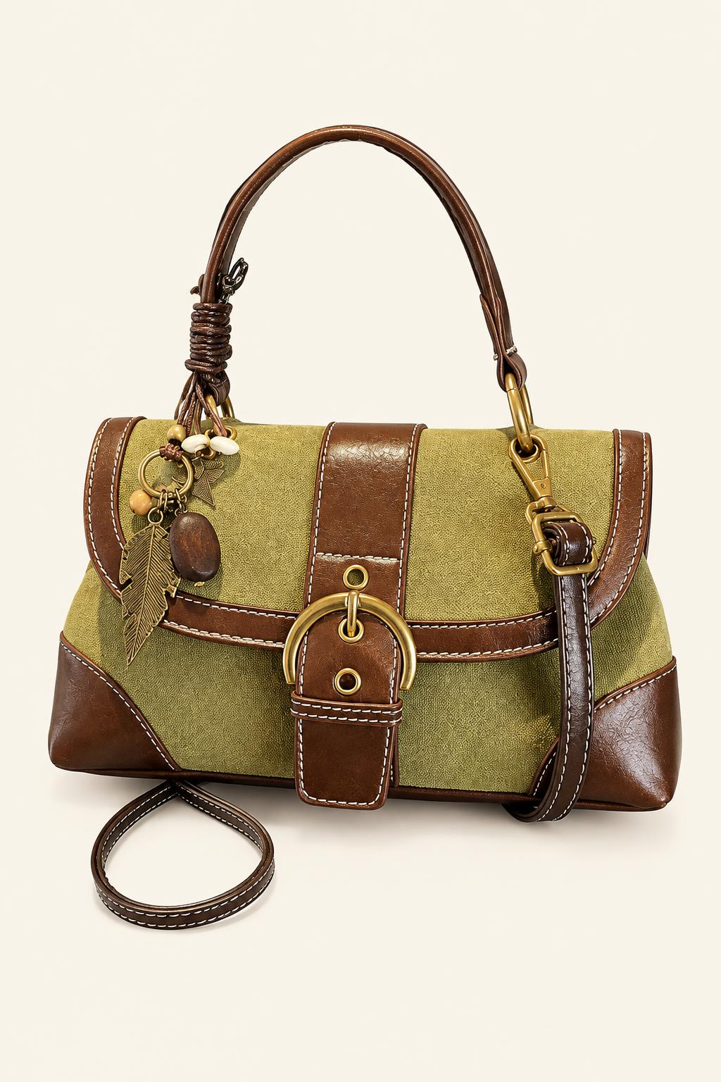Color-Block Buckle Flap Satchel Bag — Green With a pendant