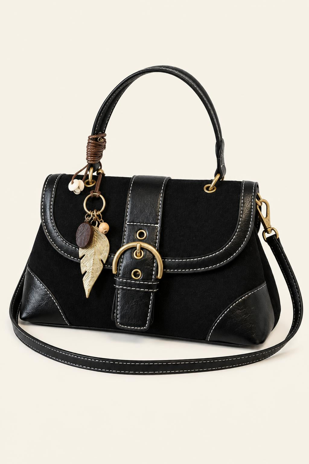 Color-Block Buckle Flap Satchel Bag — Black No pendant