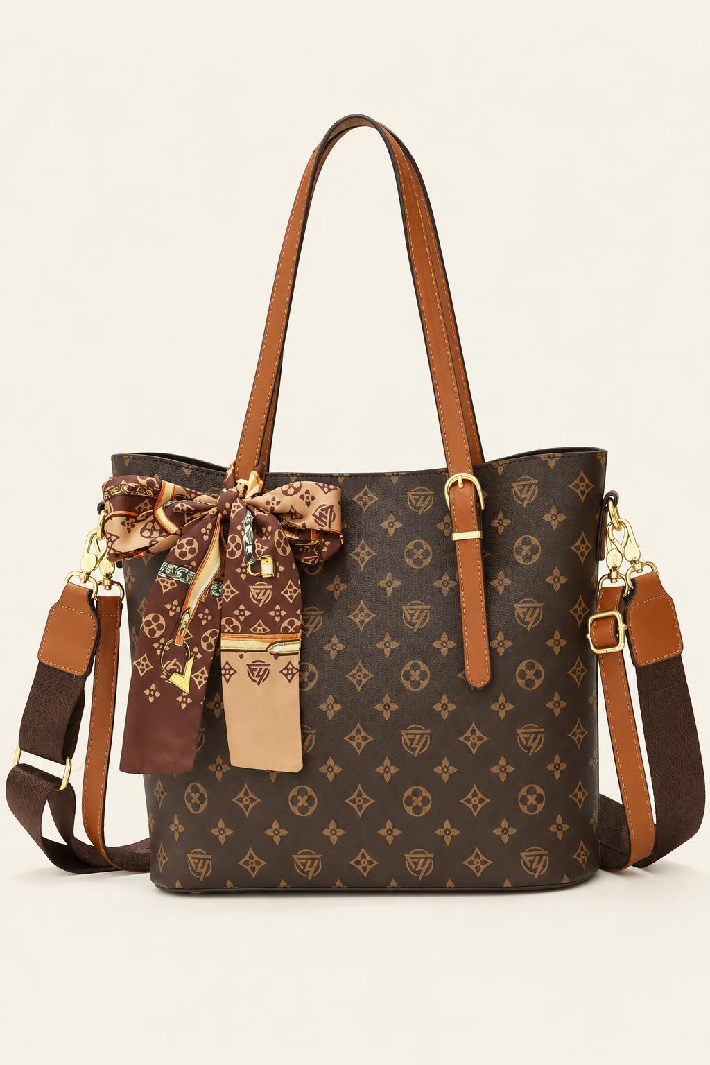 Unisex Structured Scarf-Bow Tote — Brown flower brown