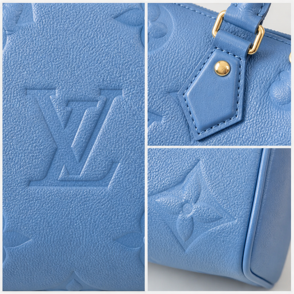 Blue Embossed Top Handle Bag — Material, stitching and monogram detail collage — Blue Embossed