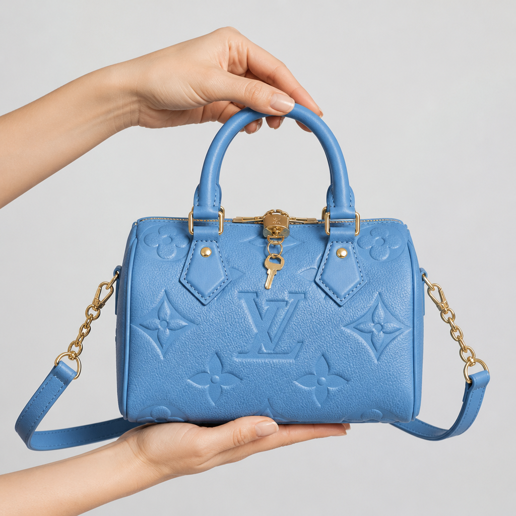 Blue Embossed Top Handle Bag — front — Blue Embossed