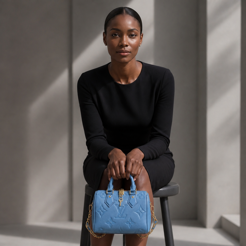 Blue Embossed Top Handle Bag — model b editorial — Blue Embossed