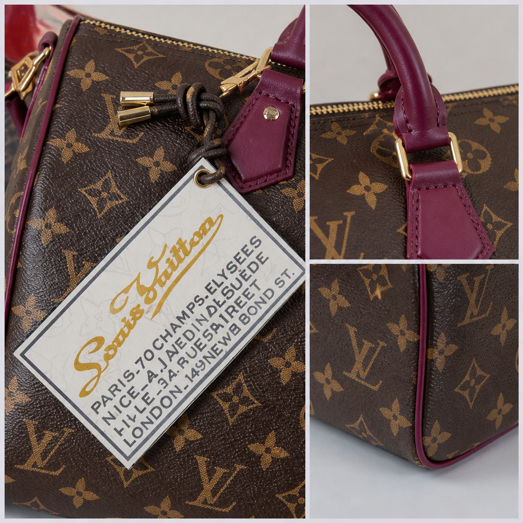 Burgundy Handle Monogram Satchel — detail collage — Brown Monogram — Burgundy Handles