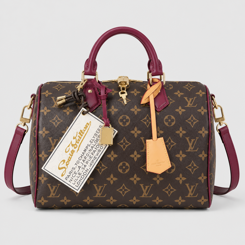 Burgundy Handle Monogram Satchel — front 1 — Brown Monogram — Burgundy Handles