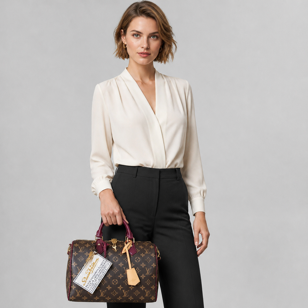 Burgundy Handle Monogram Satchel — model a studio — Brown Monogram — Burgundy Handles