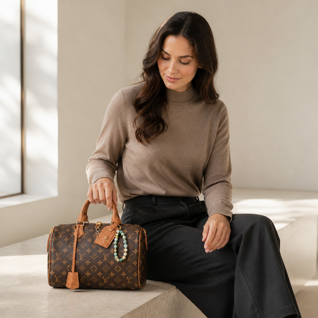 Beaded Charm Monogram Satchel — model a lifestyle — Brown Monogram — Beaded Charm