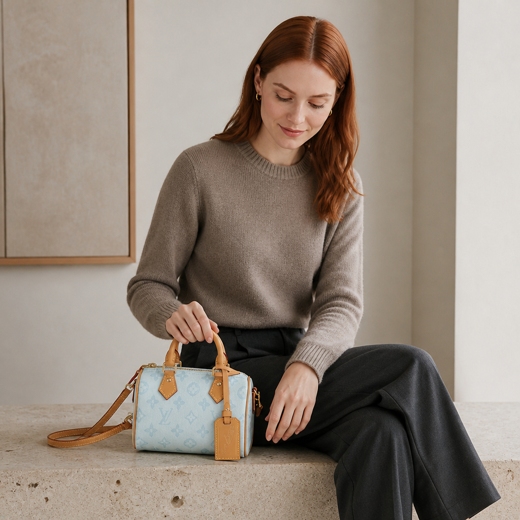 Mini Box Monogram Handbag — model a lifestyle — Light Blue Monogram — Ref 168