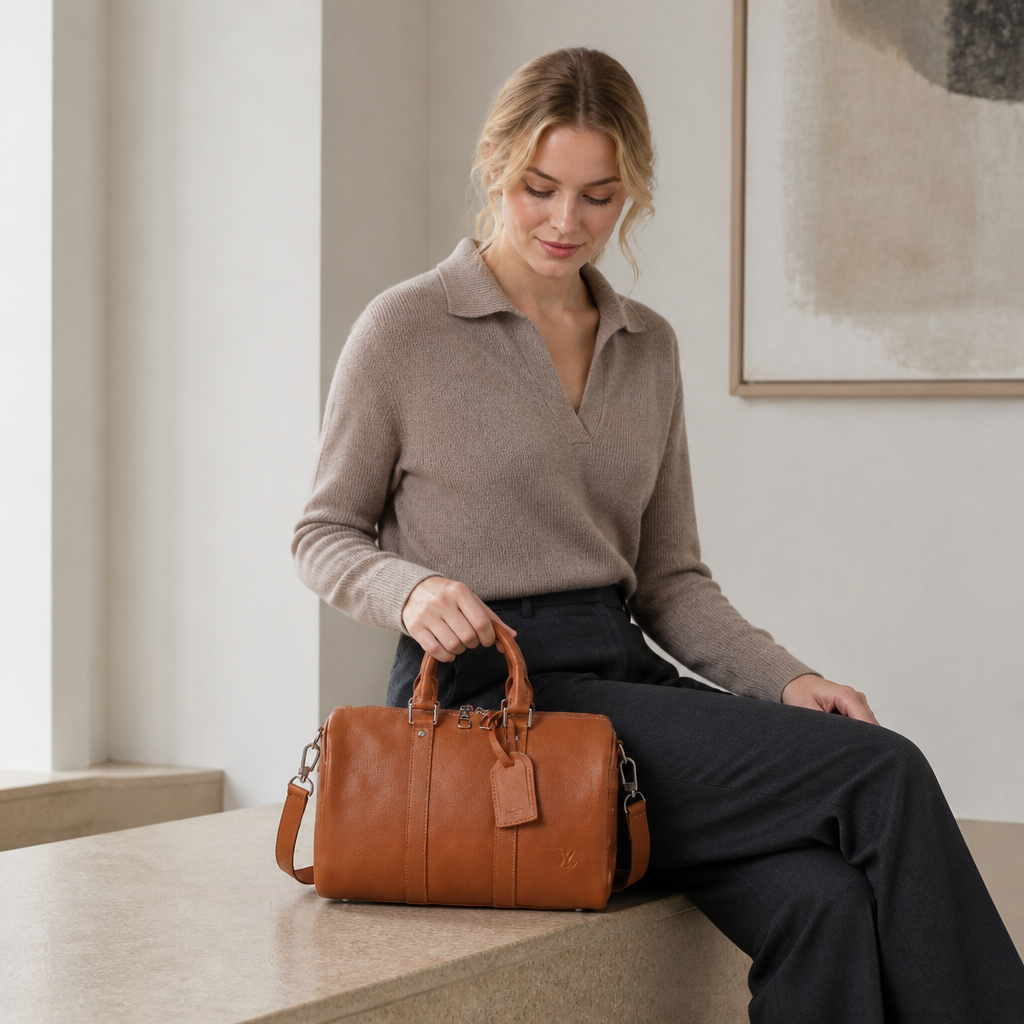 Cognac Top Handle Satchel — model a lifestyle — Cognac