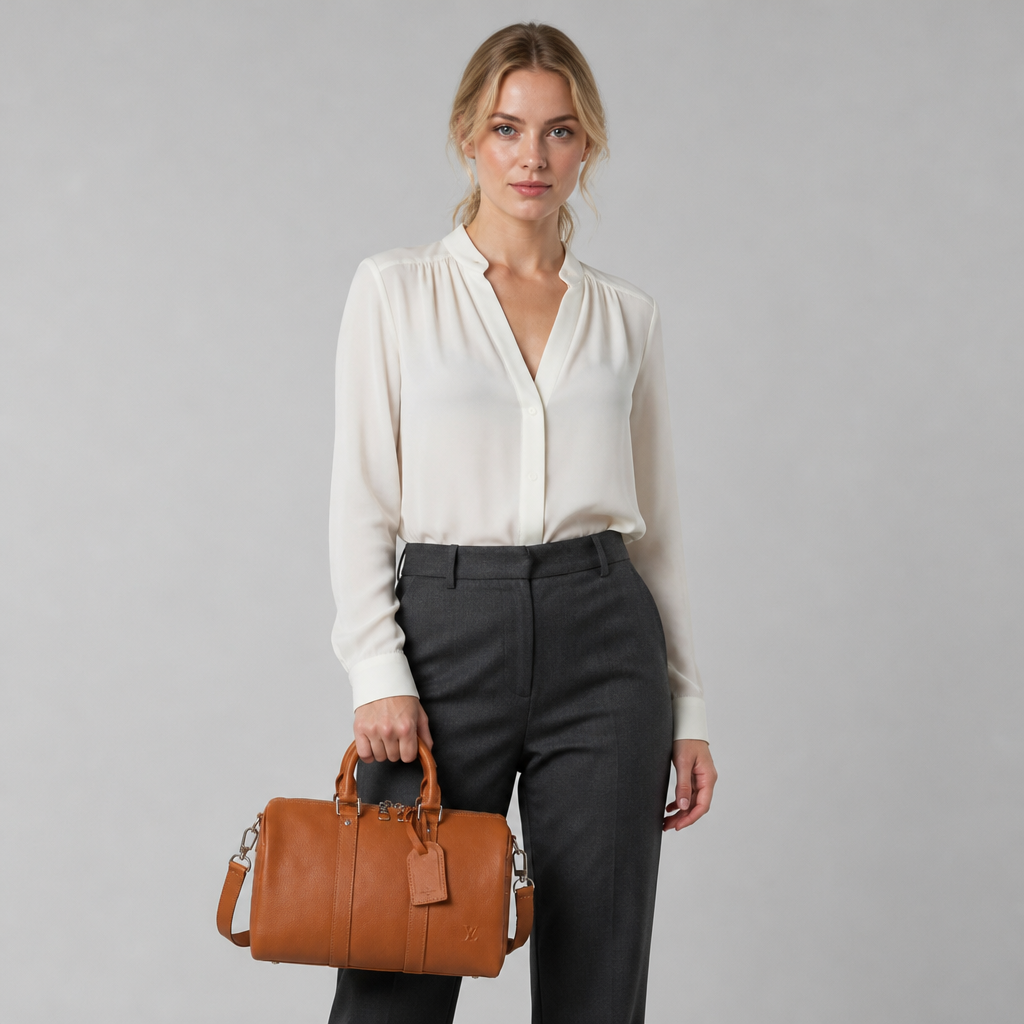 Cognac Top Handle Satchel — model a studio — Cognac