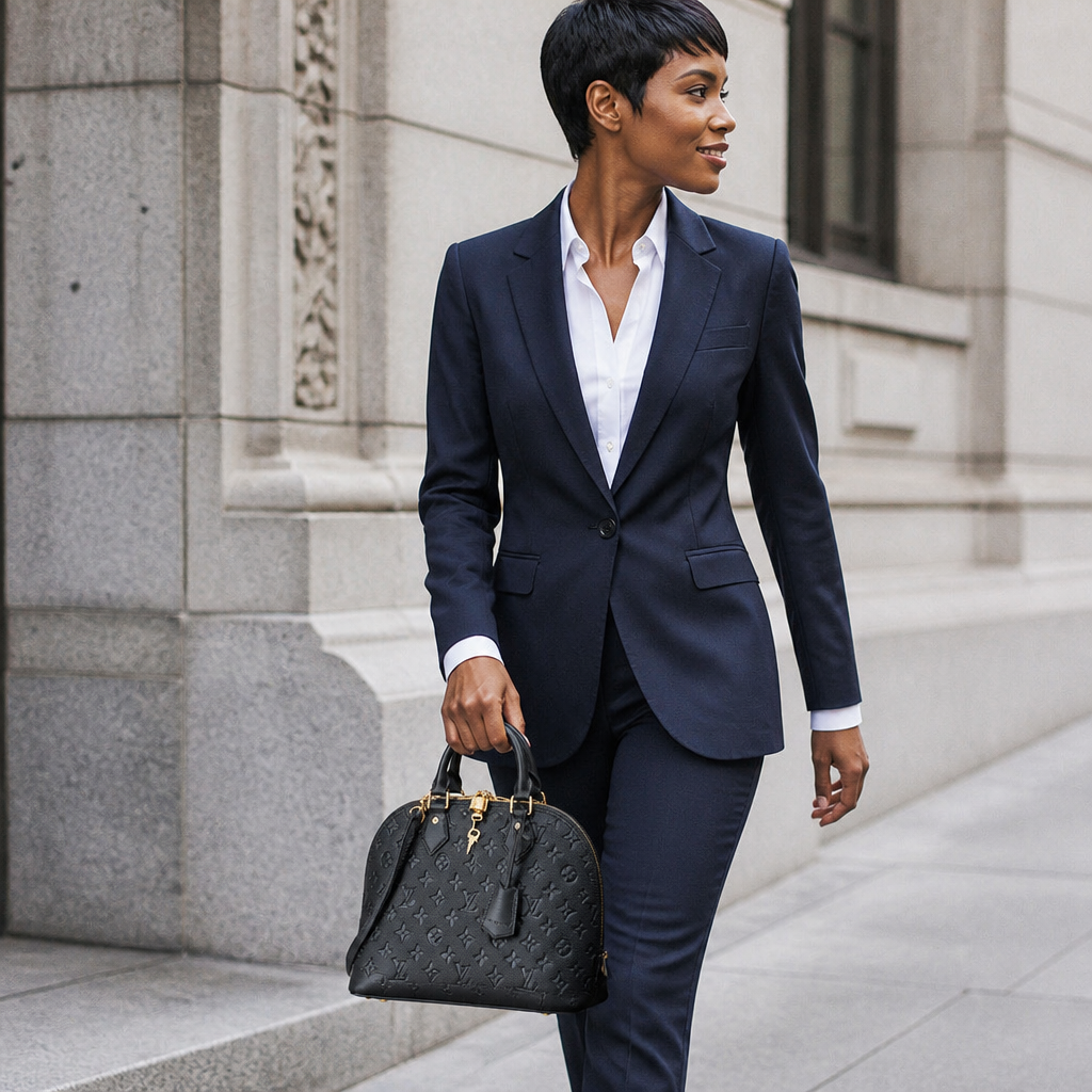 Monogram Dome Top Handle Bag — model b walking — Black Embossed