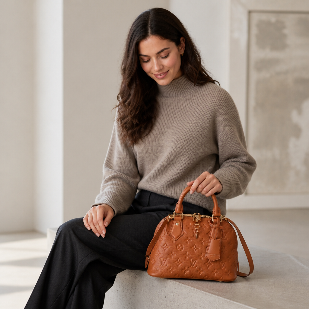 Mini Dome Top Handle Bag — model a lifestyle — Cognac Embossed Monogram