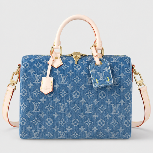 Blue Monogram White Handle Bag — front 1 — Blue Monogram — White Handles