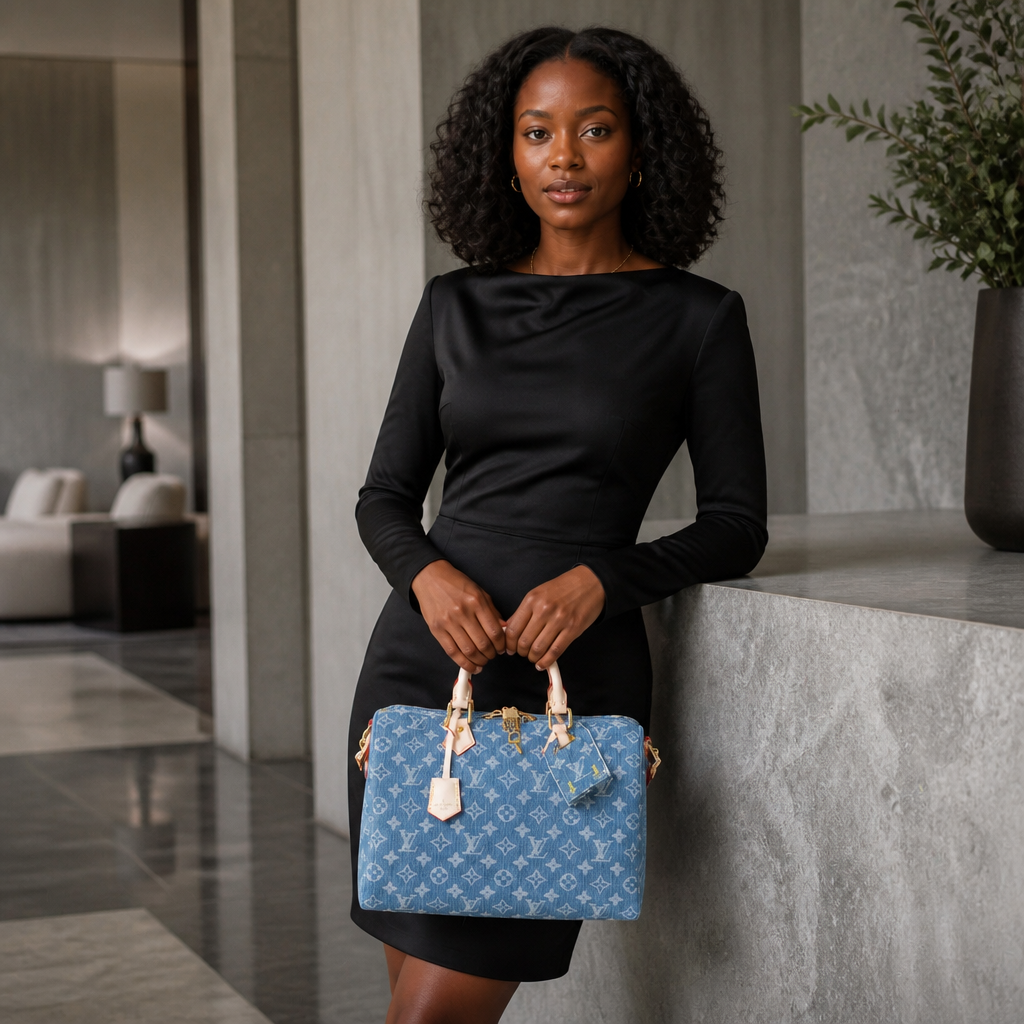 Blue Monogram White Handle Bag — model b editorial — Blue Monogram — White Handles