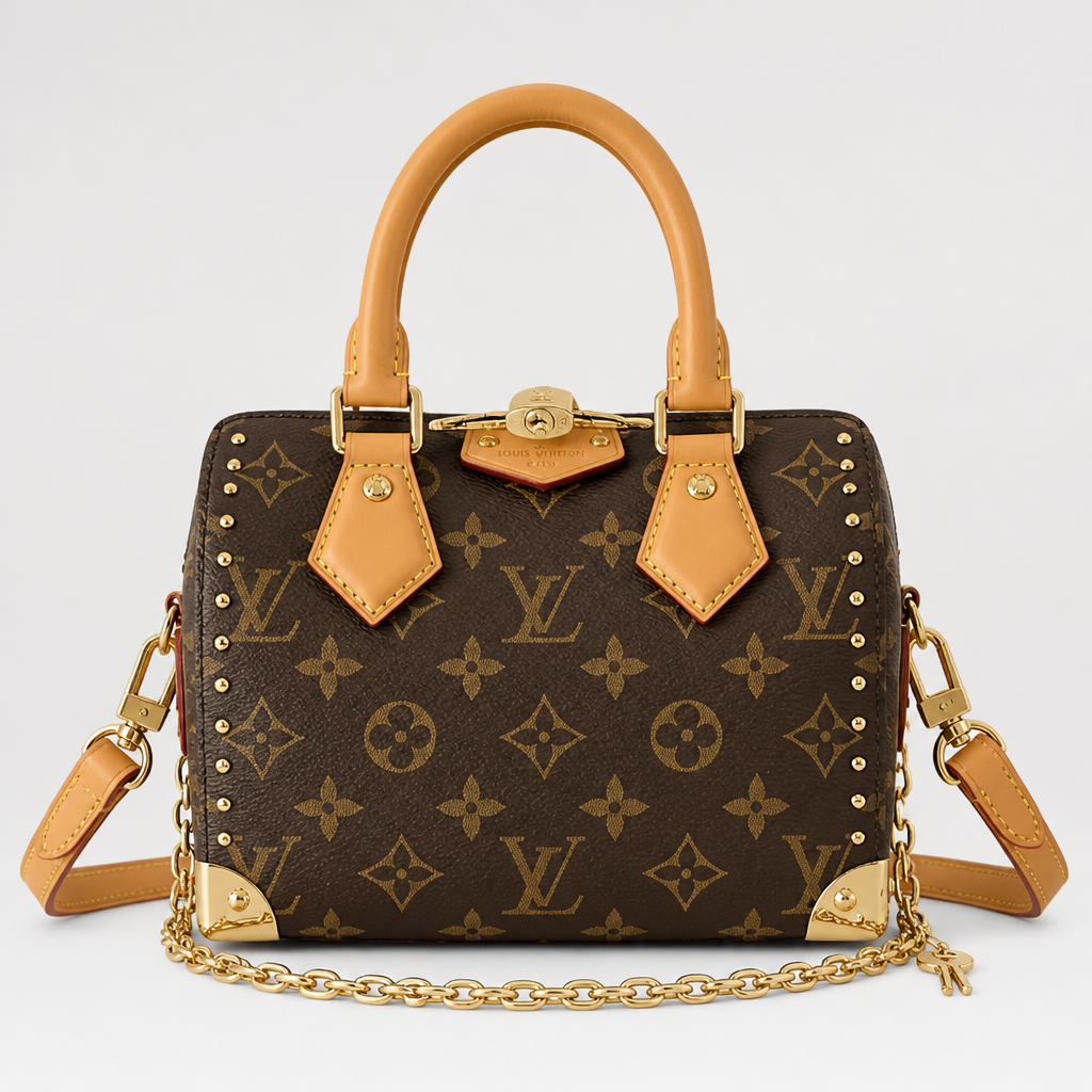 Corner Plate Monogram Satchel — front 7 — Brown Monogram — Tan Handles & Corner Plates