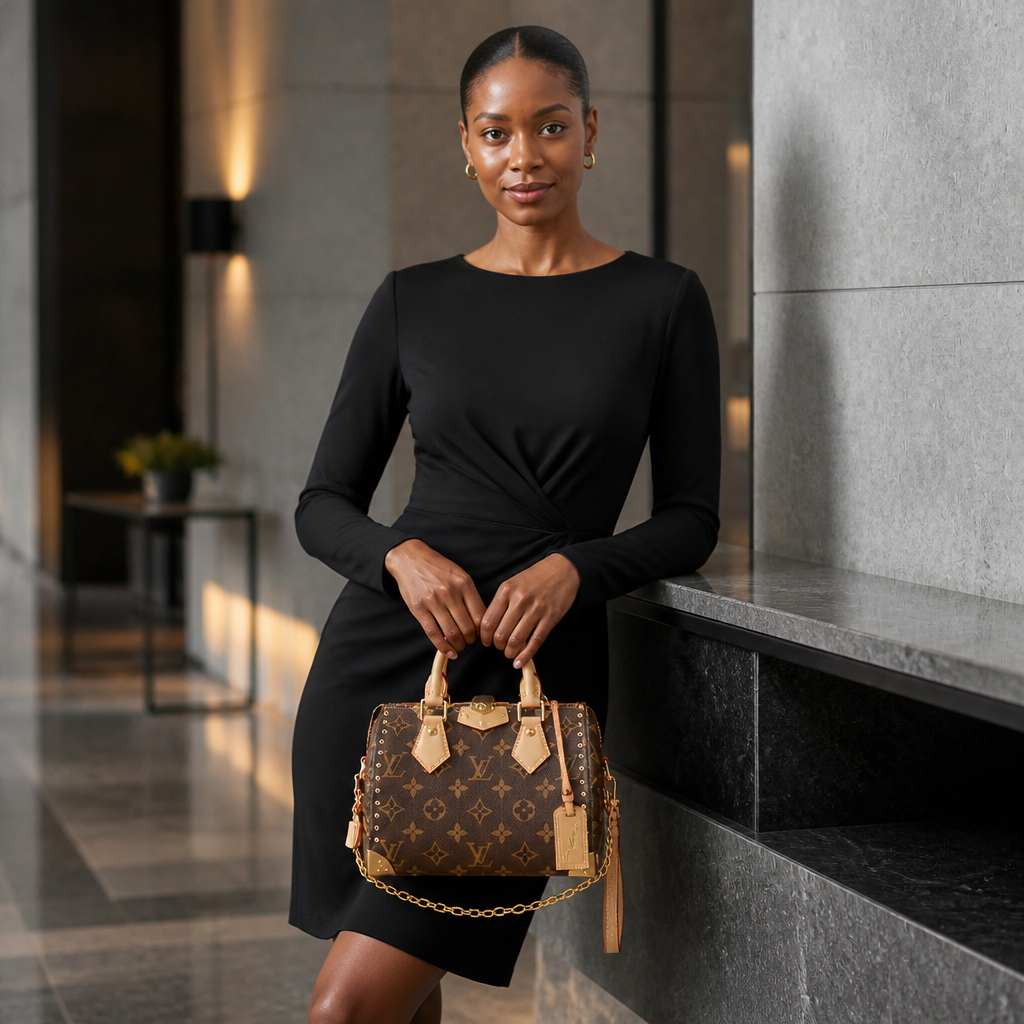 Corner Plate Monogram Satchel — model b editorial — Brown & Pink Monogram — Corner Plates — Ref 27