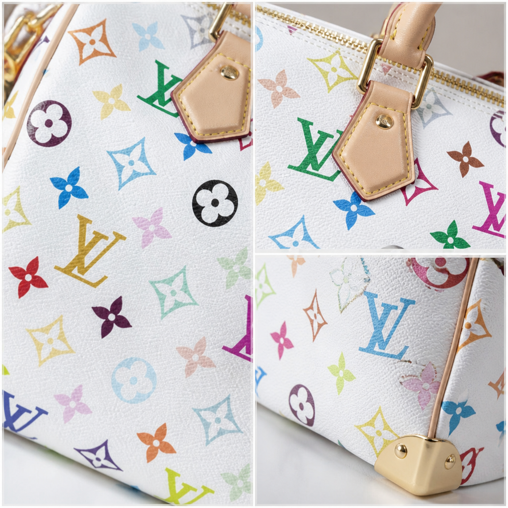 Multicolor Buckle Trim Handbag — detail collage — White Multicolor Monogram — Buckle Trim